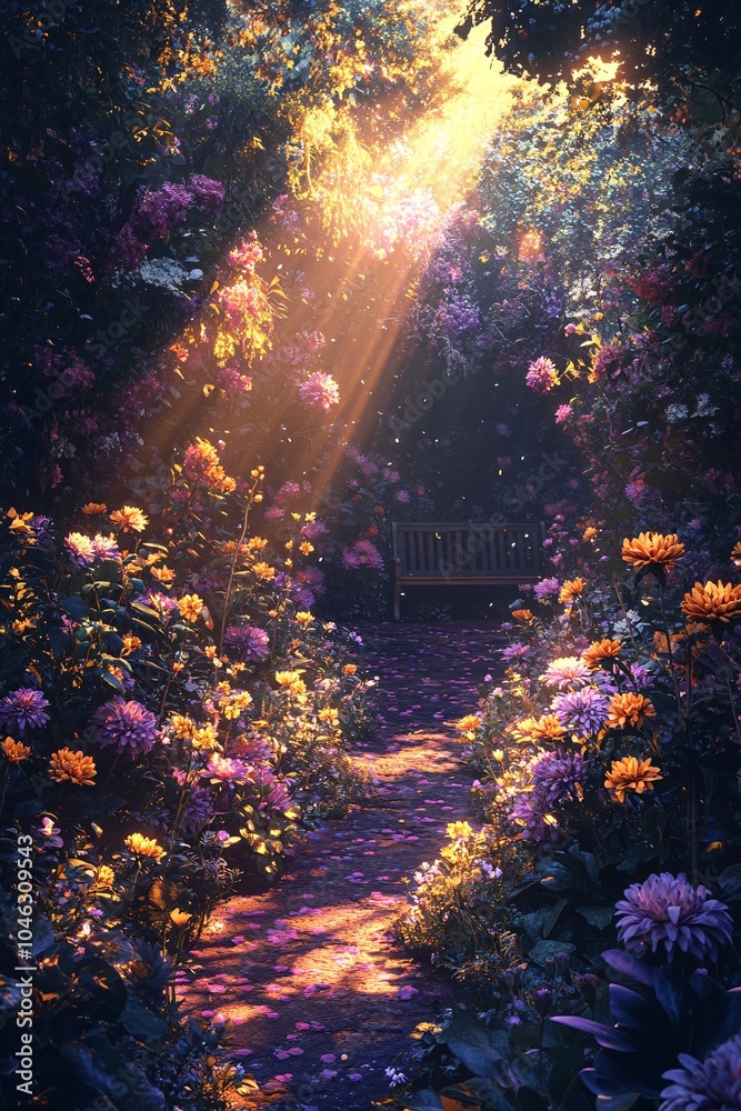 A serene path through a vibrant floral garden bathed in sunlight inviting reflection and peaceful moments in nature's embrace A serene path through a vibrant floral garden bathed in sunlight inviting reflection and peaceful moments in nature's embrace