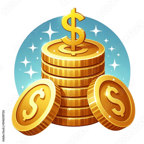 Shiny Gold Coins Stack with Dollar Sign and Sparkles for Financial Themes
