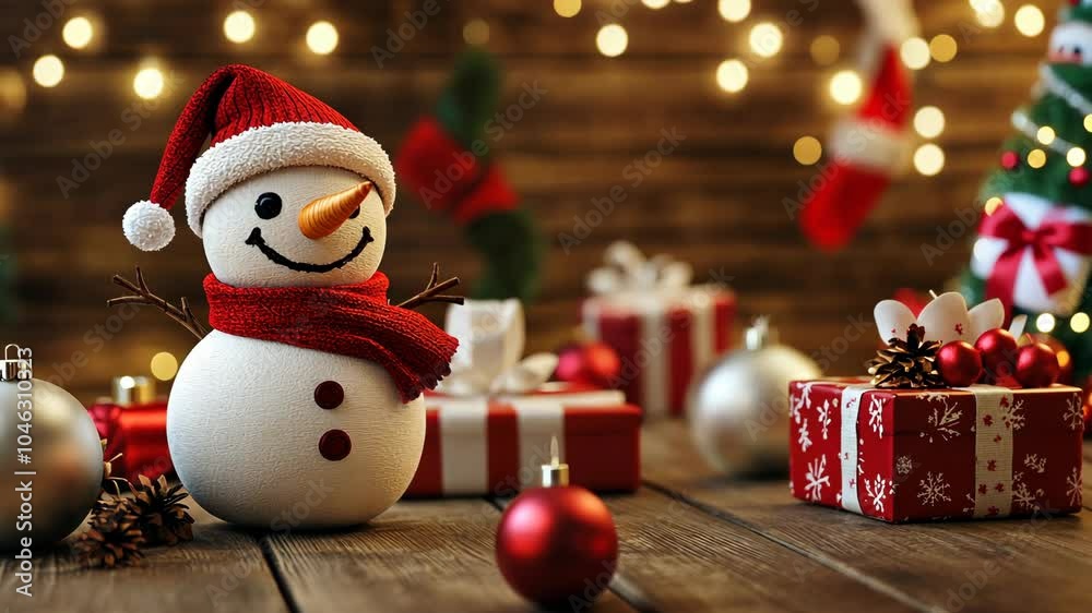 A snowman wearing a red Santa hat and scarf stands next to a Christmas present, on a wood table. A snowman wearing a red Santa hat and scarf stands next to a Christmas present, on a wood table.