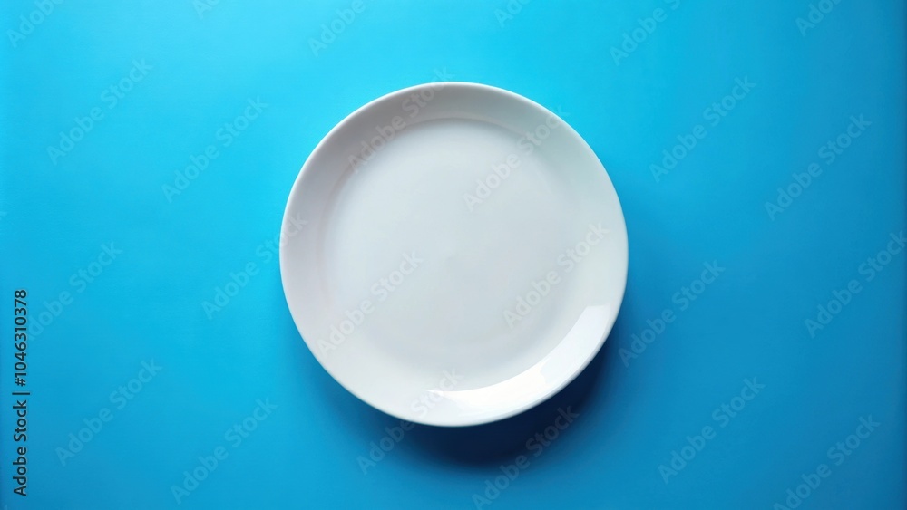 Empty white plate on blue background, top view, intermittent fasting, diet, weight loss, empty plate Empty white plate on blue background, top view, intermittent fasting, diet, weight loss, empty plate