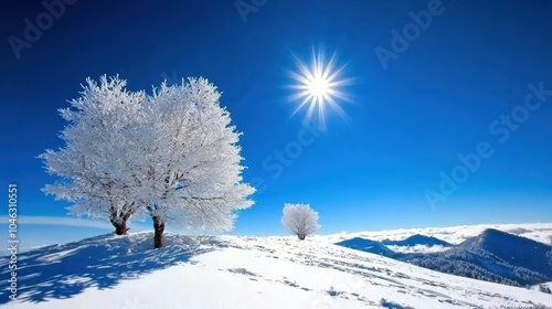 A serene winter landscape featuring snow-covered trees under a bright blue sky with a radiant sun shining down.