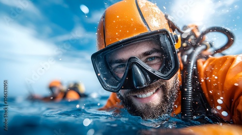 Skilled underwater welder performing critical steel repair work underwater surrounded by bright glowing sparks reflecting in the deep blue ocean photo