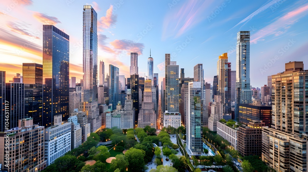 Obraz premium Stunning urban skyline at sunset over city park