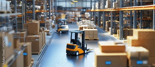 A bustling industrial logistics hub with automated warehouses and robotic forklifts optimizing inventory management and order fulfillment, Logistics hub scene, Supply chain efficiency style