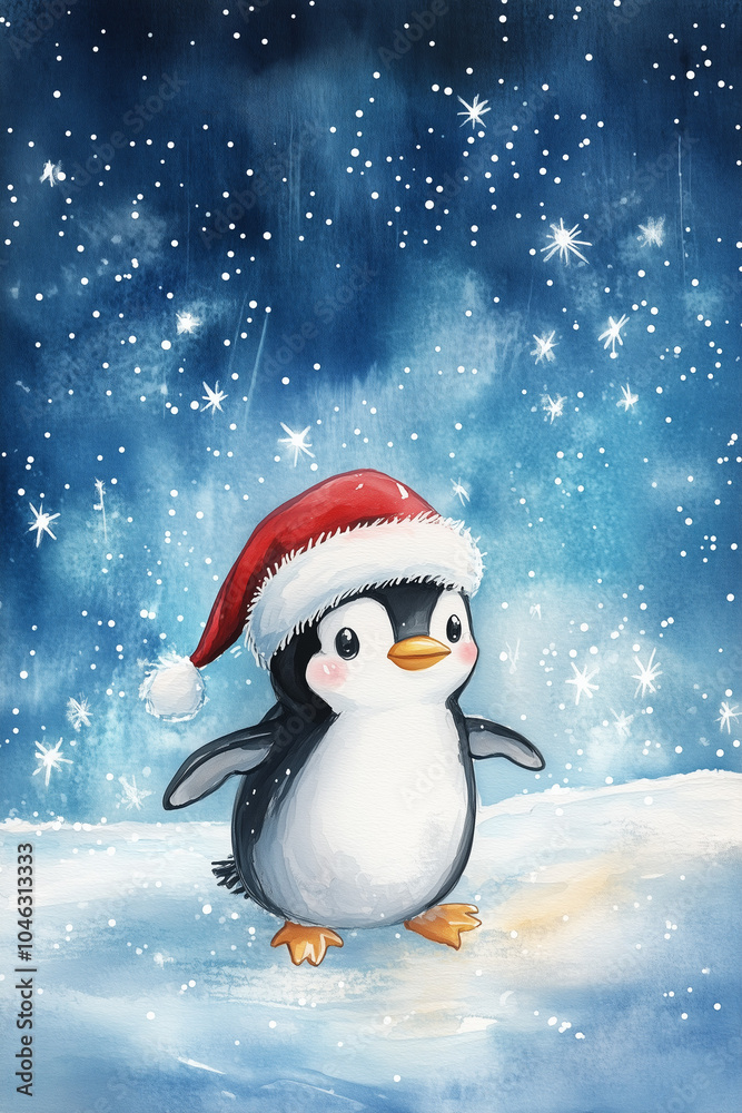 Fototapeta premium Penguin in a Santa hat under snowy sky 