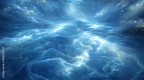 Underwater scene with light beams shining through the water and clouds.