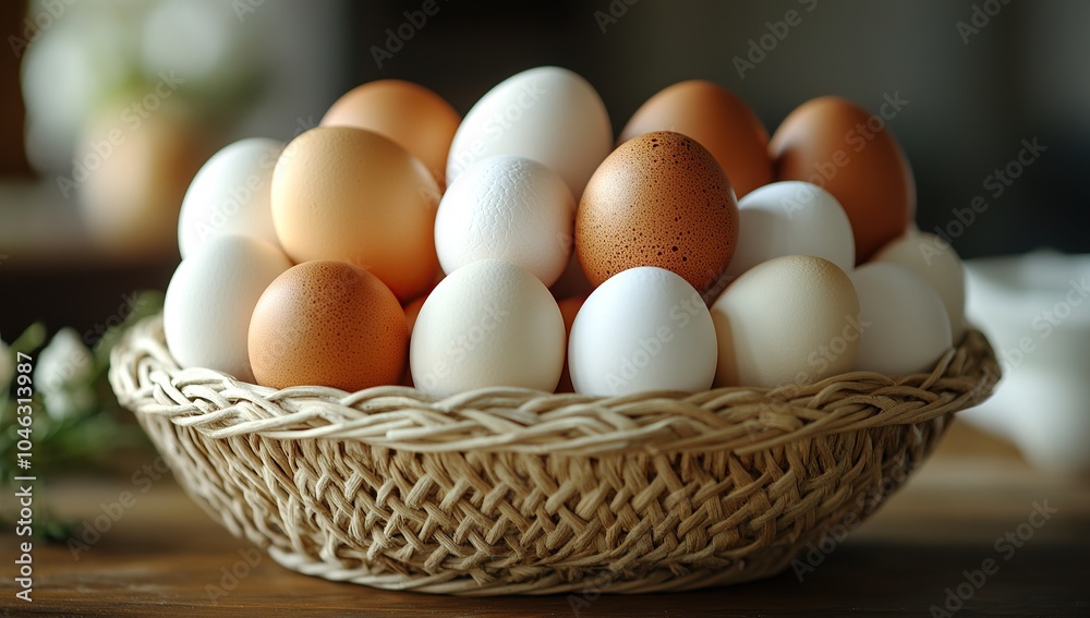 A basket of fresh eggs on the table, with brown and white colors A basket of fresh eggs on the table, with brown and white colors