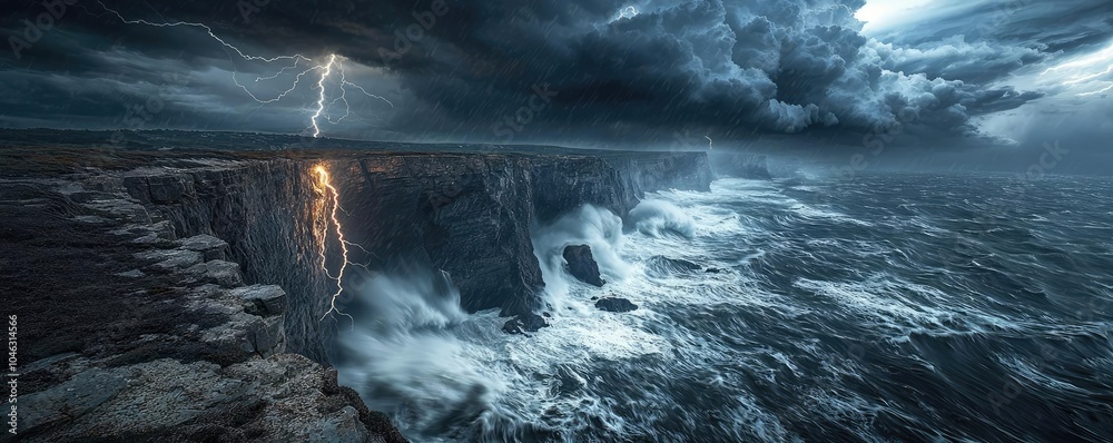 Fototapeta premium Dramatic seascape with lightning striking cliffs under turbulent skies.