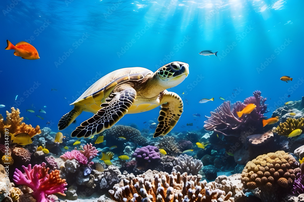 An underwater view of a sea turtle swimming gracefully through colorful coral reefs An underwater view of a sea turtle swimming gracefully through colorful coral reefs