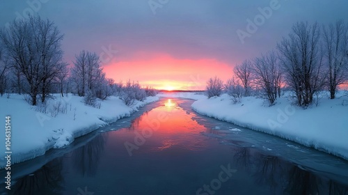 Majestic sunrise breaking through winter storm, icy river reflecting warm hues, snowdusted trees on both banks, winter storm, icy river, sunrise