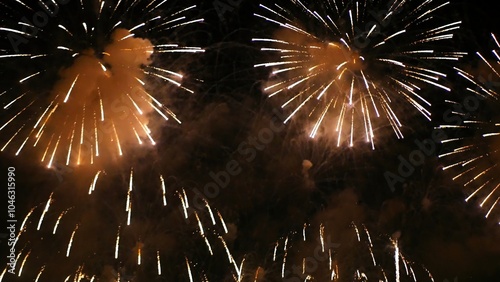 Golden Firework celebrate anniversary independence day night time celebrate national holiday. Countdown to new year 2024 party time event. Happy new year 2025, 4th of july holiday festival concept photo