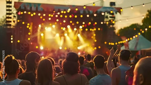 A vibrant outdoor concert scene with a crowd enjoying live music under glowing lights.