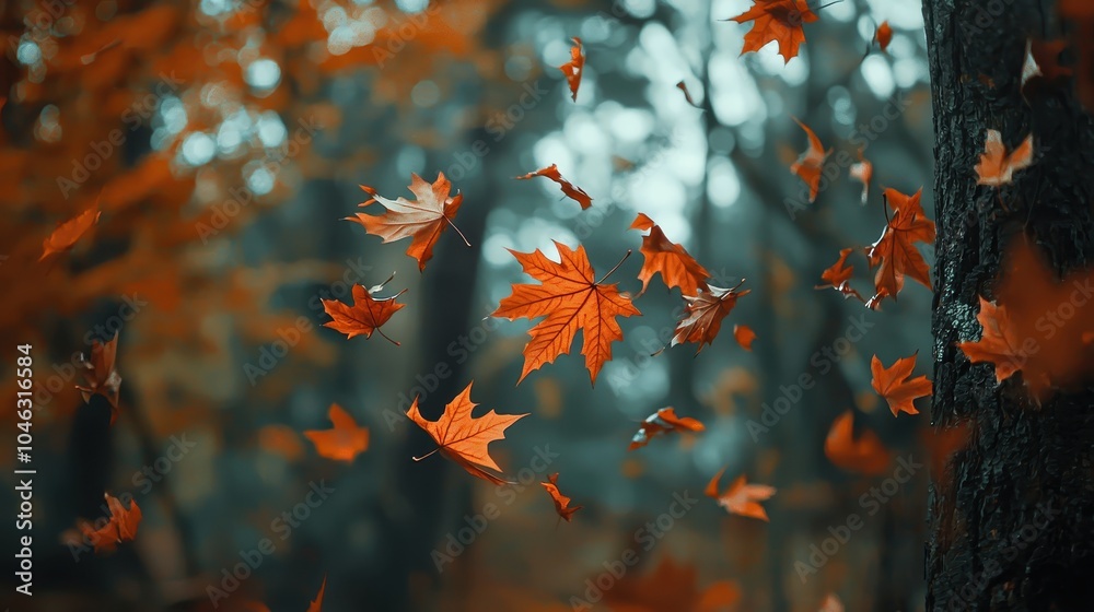 Vibrant Maple Leaves Falling in Autumn Forest Vibrant Maple Leaves Falling in Autumn Forest
