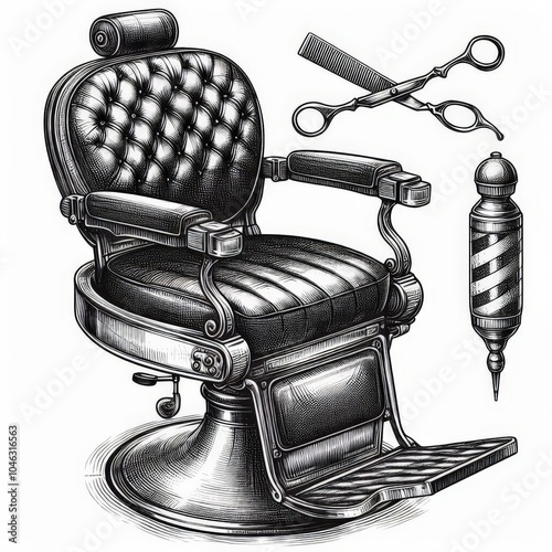 Classic barber's chair with leather upholstery, retro grooming style sketch engraving. Black and white image.