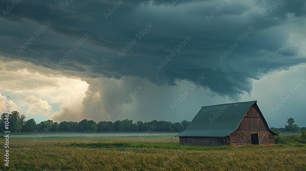 Stormy clouds over a rustic barn in a serene rural landscape. Stormy clouds over a rustic barn in a serene rural landscape.
