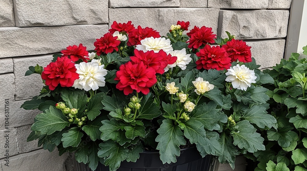 A vibrant display of large red and cream-colored dahlia flowers in full bloom, accompanied by lush green leaves, set against the backdrop of an old brick school building on the left. In the foreground