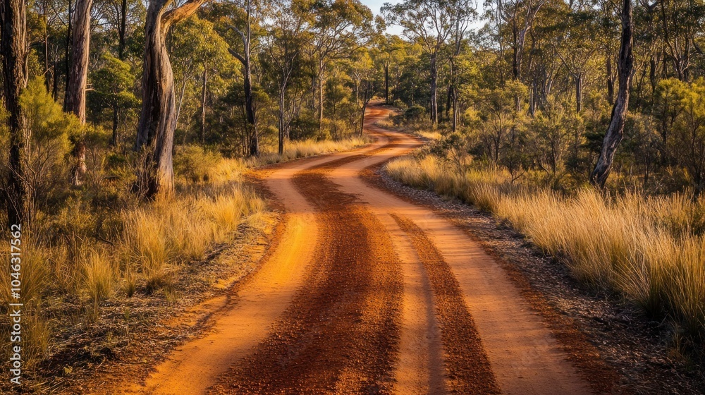Obraz premium A dirt road with trees in the background. The road is curved and has a lot of dirt