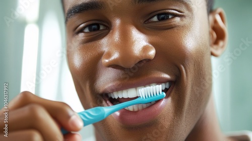 Man Brushing Teeth. Smiling Man with Toothbrush in Mouth in Bathroom