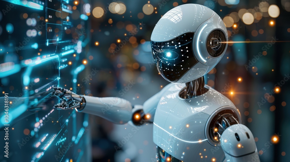 A Sleek AI Robot Engaged in High-Tech Interaction at a Digital Information Hub A Sleek AI Robot Engaged in High-Tech Interaction at a Digital Information Hub