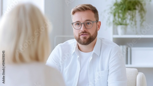 A young male psychotherapist is talking to an older woman during a therapy session in the office. The setting features a white, modern interior with light colors.