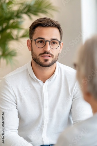 A young male psychotherapist is talking to an older woman during a therapy session in the office. The setting features a white, modern interior with light colors.