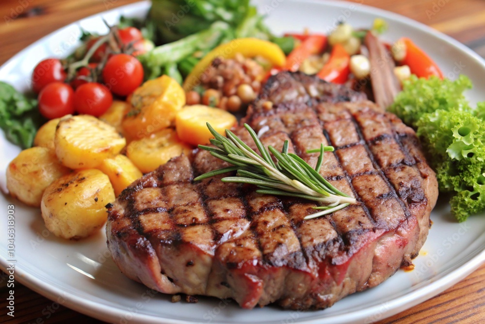 Grilled Steak with Rosemary and Vegetables: A mouthwatering close-up of a perfectly grilled steak with rosemary garnish and a medley of fresh vegetables. Grilled Steak with Rosemary and Vegetables: A mouthwatering close-up of a perfectly grilled steak with rosemary garnish and a medley of fresh vegetables.