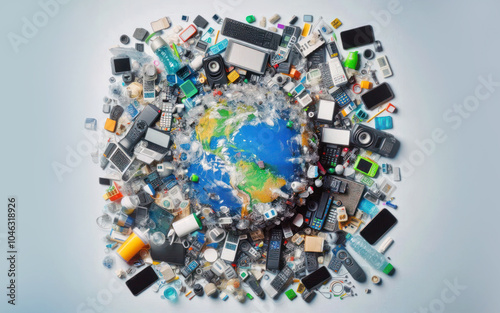 Awareness of world overflowing with garbage, pollution, environment impact concerned, waste management, mountains of trash rubbish, unused electronic, plastics, toxic materials, consumables