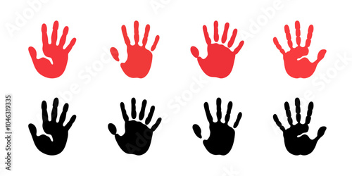 Collection of red hand print icons featuring hands with five fingers. Vector illustrations ideal for art projects, social campaigns, and designs emphasizing creativity, support, or awareness.