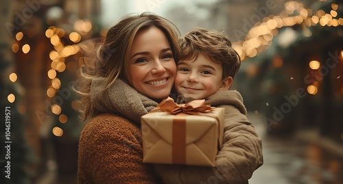 Happy mother and son with gift box on the background of Christmas decorations