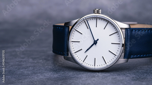 Sophisticated luxury watch with a minimalist white face and dark blue leather strap, perfect for timepiece branding and advertising.