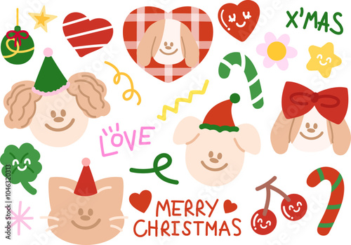 Christmas and New Year festive illustrations with puppy, party hat, candy cane, clover leaf, cherry, red heart for winter decoration, dog cartoon, mascot, stickers, pet shop, vet, animal costumes
