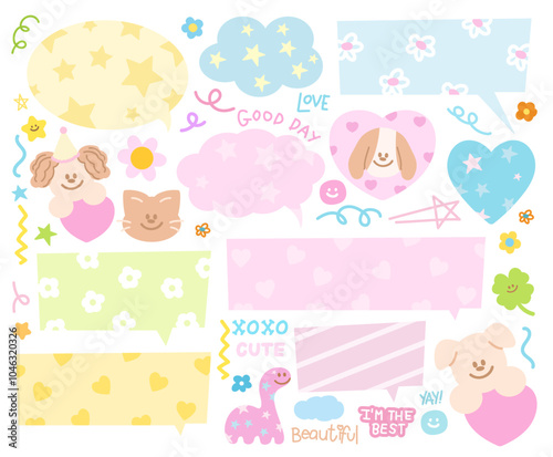Pastel illustrations of text bubbles with dinosaur, cat, puppy, flowers, heart for cartoon, comic, chatting, dialogue, masking tape, stickers, communication, back to school, animals, pet shop, print