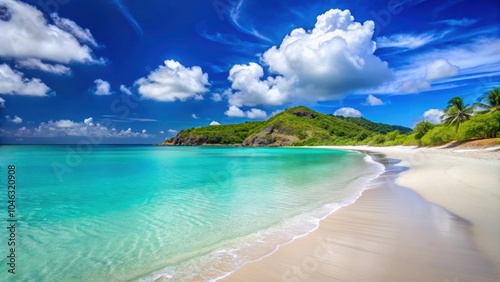 Fototapeta Naklejka Na Ścianę i Meble -  Idyllic tropical beach in Antigua and Barbuda with crystal clear turquoise waters and white sandy shore, beach