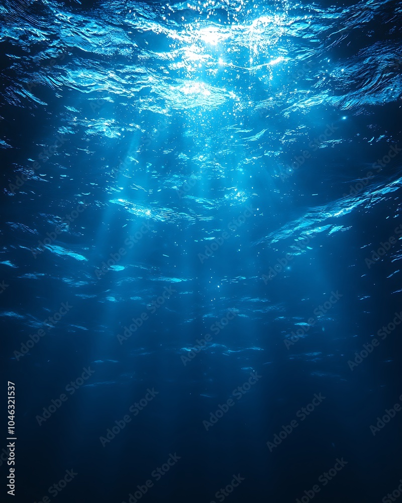 Underwater Light Beams Shining Through Deep Blue Water Underwater Light Beams Shining Through Deep Blue Water