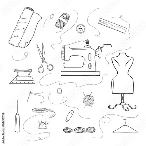A sewing kit image set with a sewing machine, scissors, spool of fabric, hanger, mannequin and tape measure, in simple black vector image on white background.