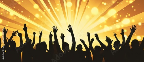 Silhouetted audience waving hands as the stage bursts with light beams, concert crowd, dynamic live performance