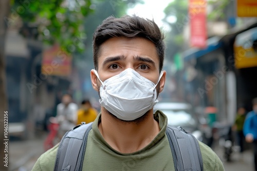 A smokey urban scene with dense fog of pollution obscuring the buildings and streets, people walking with scarves over their faces, and cars moving slowly through the haze, capturing the suffocating photo