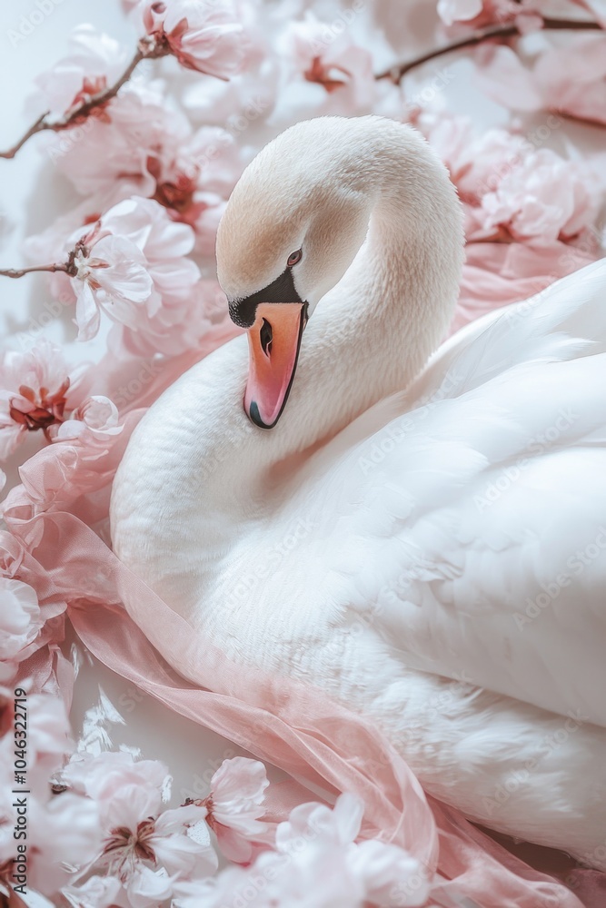 Fototapeta premium White Swan on Pink Flowers