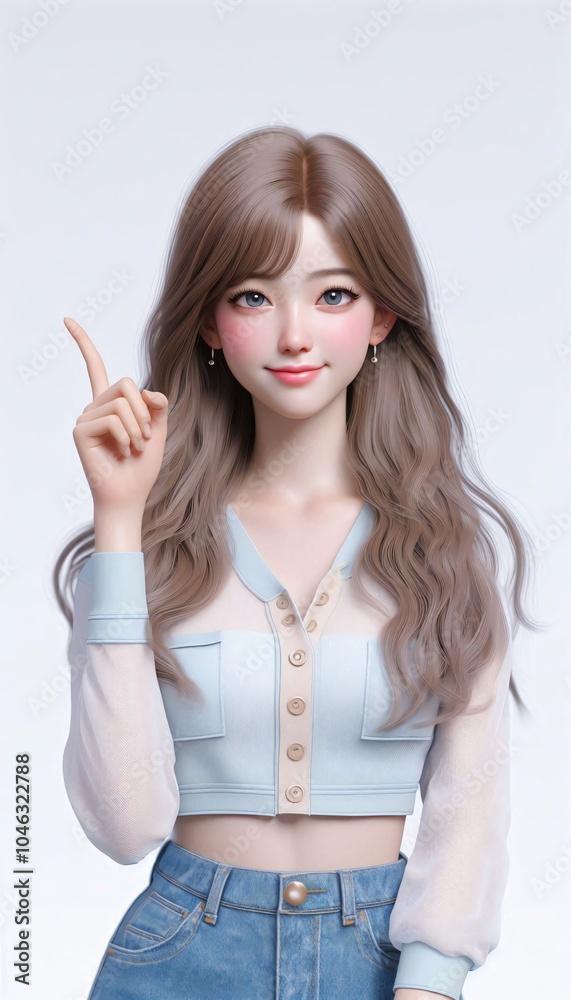 Beautiful asian woman pointing finger up and little smile in casual outfit Beautiful asian woman pointing finger up and little smile in casual outfit