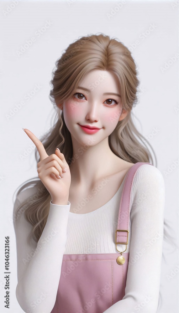 Beautiful asian woman pointing finger up and little smile in casual outfit Beautiful asian woman pointing finger up and little smile in casual outfit
