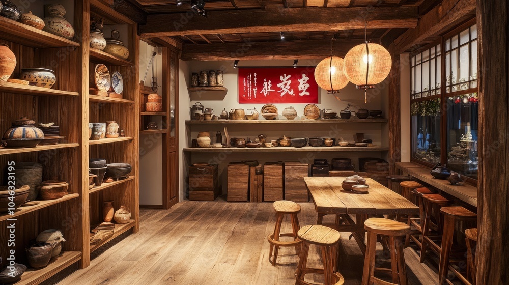 Asian-style room with soft lantern glow, wooden stools, and rustic floors. A red calligraphy banner stands out, adding elegance. Shelves filled with pottery complete the tranquil dining scene. Asian-style room with soft lantern glow, wooden stools, and rustic floors. A red calligraphy banner stands out, adding elegance. Shelves filled with pottery complete the tranquil dining scene.