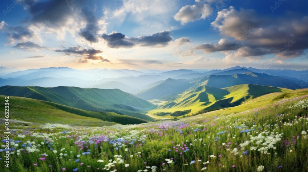 Fototapeta premium Stunning bird's-eye view of hills covered in blooming wildflowers and lush green grass.