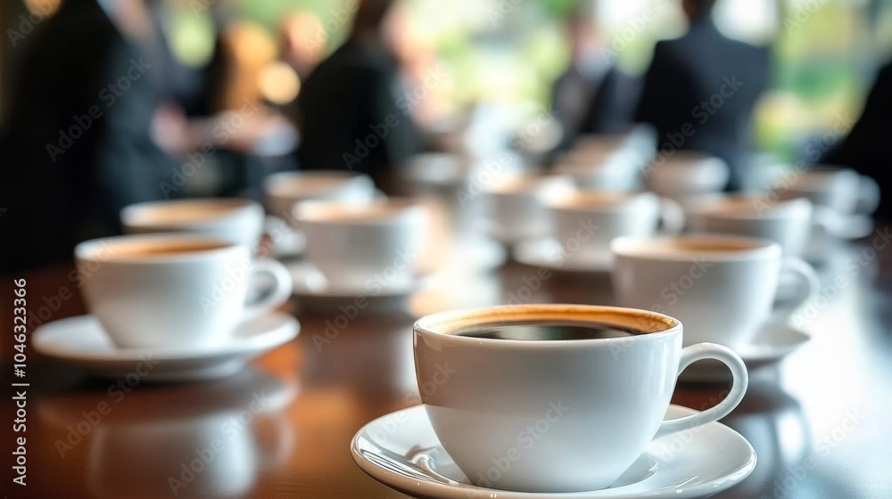 Row of coffee cups in meeting room setting. Row of coffee cups in meeting room setting.