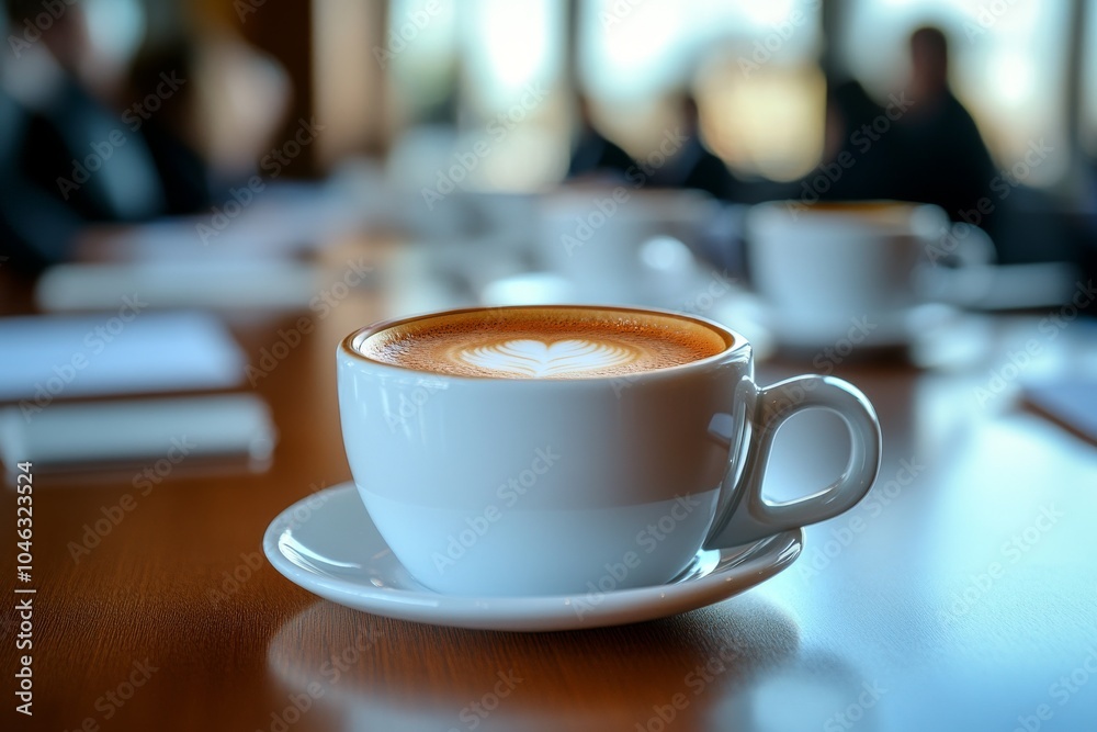 Fototapeta premium Row of coffee cups in meeting room setting.