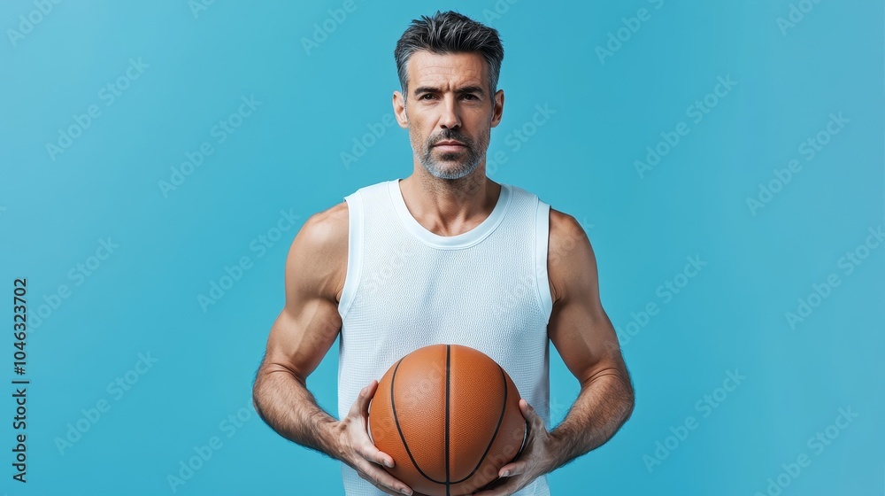 Confident Middle-Aged Basketball Player in Focus Against Blue Background Confident Middle-Aged Basketball Player in Focus Against Blue Background