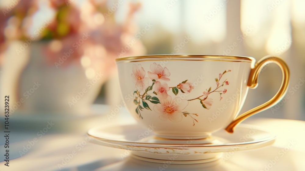 Fototapeta premium Elegant floral teacup bathed in warm morning sunlight, AI