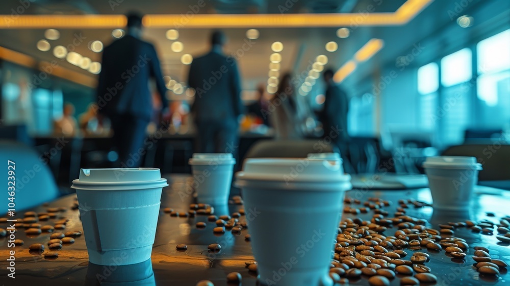 Steaming coffee cups in a business meeting room Steaming coffee cups in a business meeting room