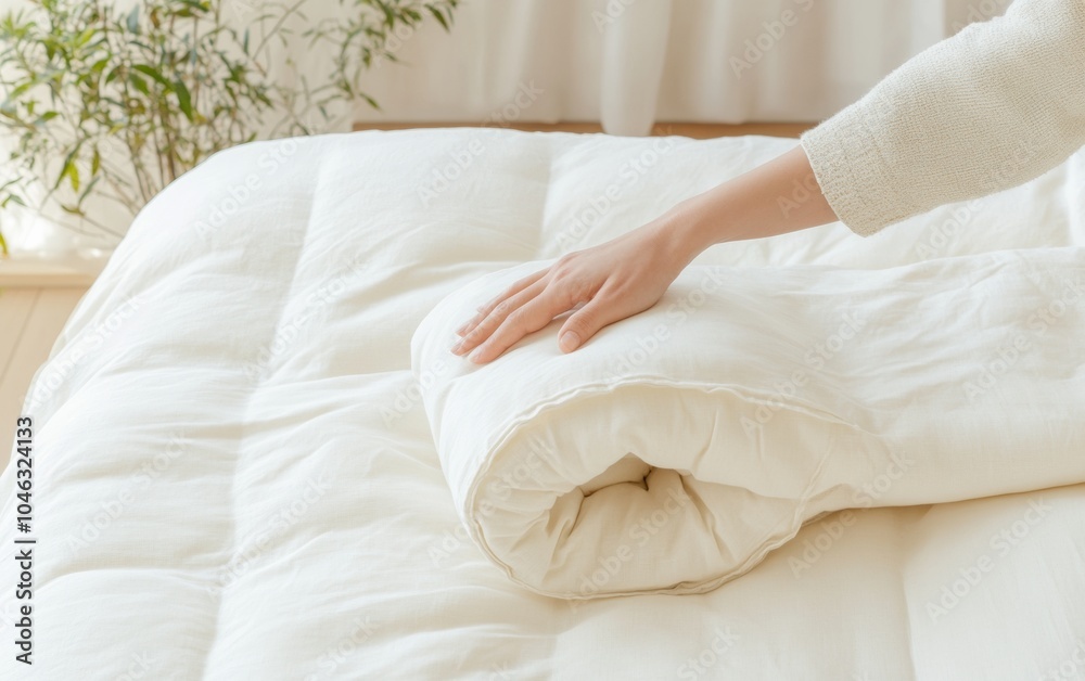 Serene Morning Stretch by Window in a Minimalist Japanese Futon Bedroom - Perfect for New Year and Earth Day Reflections Serene Morning Stretch by Window in a Minimalist Japanese Futon Bedroom - Perfect for New Year and Earth Day Reflections