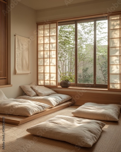 Minimalist Japanese Futon Bedroom with Natural Light - Perfect for International Minimalism Day and Earth Day