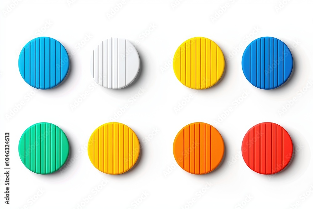 Fototapeta premium Colorful round tokens in vibrant hues on a white isolated background.